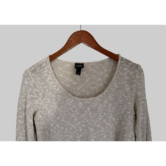 Eileen Fisher Linen Light Beige Knit Sweater Top With Long Sleeves & Scoop Neck - Picture 2 of 8